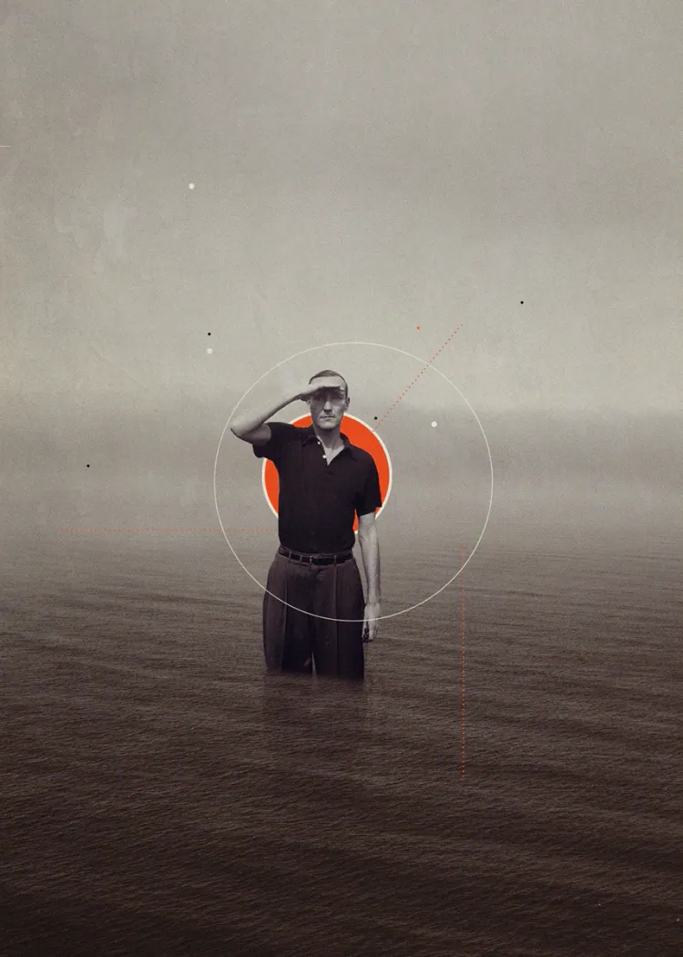 Man Saluting in Calm Sea Surreal Vintage Poster Art Man standing in calm water shading his eyes with an orange circle behind him