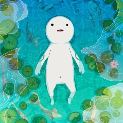 White spirit floating on turquoise water among lily pads, pink lotus flowers and koi fish