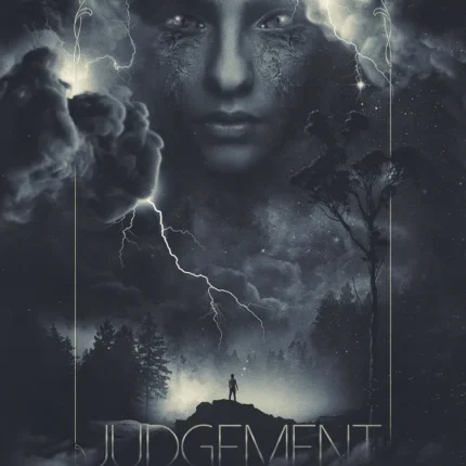 Judgement tarot poster with a woman's face in stormy clouds and lightning over a lone figure
