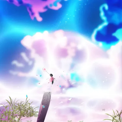 Small child floating above a dark slab among white clouds, purple sky and wildflowers