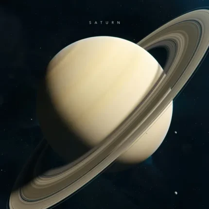 Saturn in pale gold with wide layered rings on a dark blue background with tiny moons
