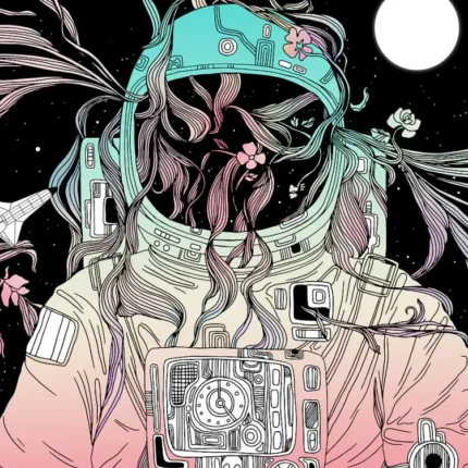 Line-art astronaut with a teal visor, flowing hair and flowers beside a full moon