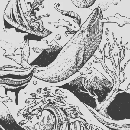 Whale arching over a great wave beside a small sailboat under a moon in black and white ink