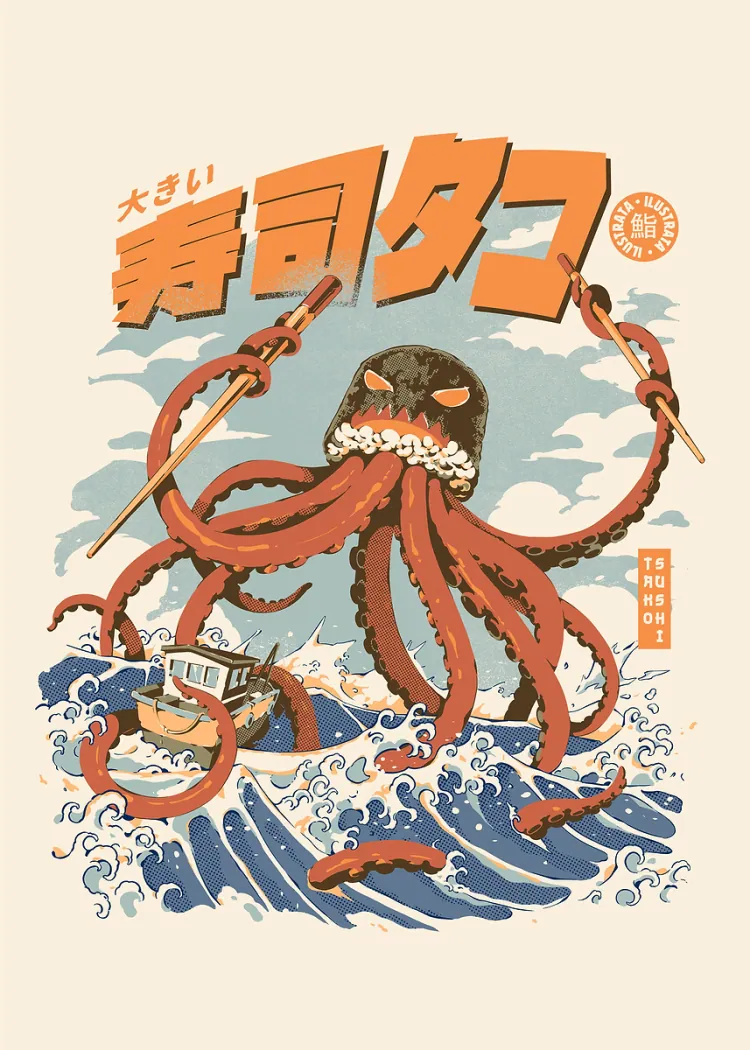 Giant Octopus and Japanese Wave Sushi Art Poster - LED Light Poster Giant red octopus with chopsticks above a boat on a Japanese wave