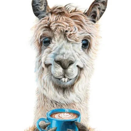 Fluffy smiling llama holding a blue mug of latte with foam art on a white background