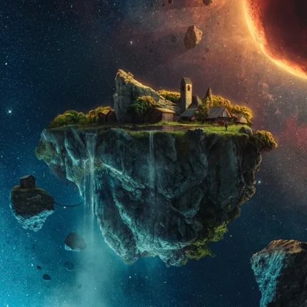 Floating rocky island with a village among asteroids near a glowing red planet