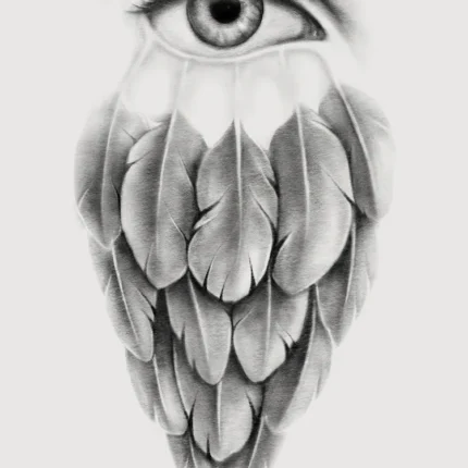 Realistic grey pencil drawing of an eye above layered feathers on a light background