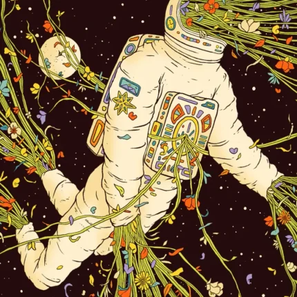 Floating astronaut with vines and colorful flowers growing from his suit