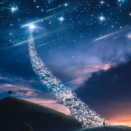 Sparkling trail of stars rising from a dark hill into a blue night sky with shooting stars