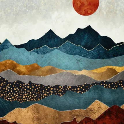 Abstract layered mountains in teal, gold, grey and rust below a large red sun