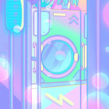 Pastel anime-style washing machine in a laundry room with a paper lantern and plants