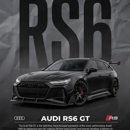 Black Audi RS6 GT wagon with large RS6 lettering and specs on a dark poster