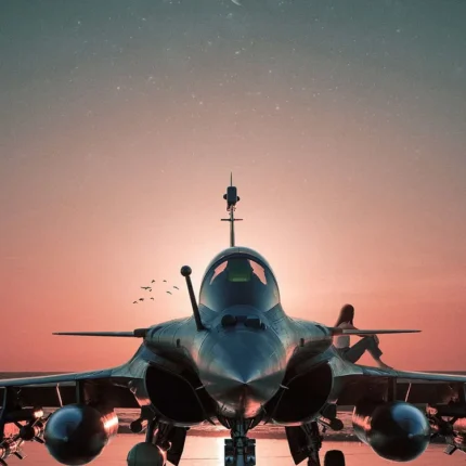 Front view of a fighter jet on a runway at sunset with a crescent moon above