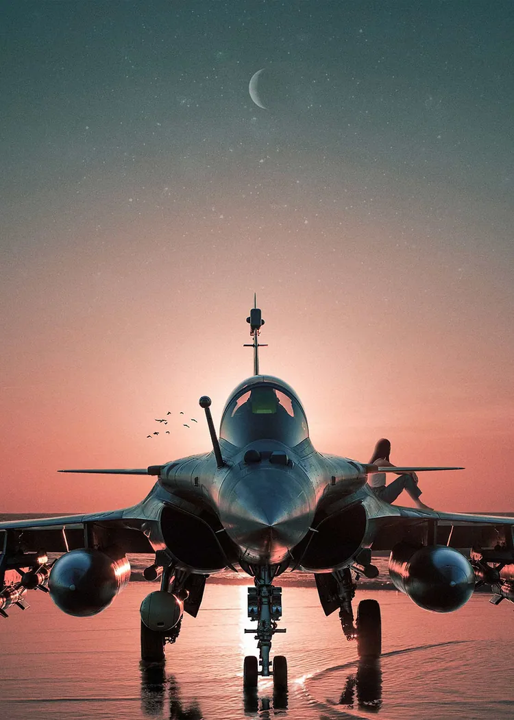 Fighter Jet at Sunset Under Crescent Moon Aviation Poster Front view of a fighter jet on a runway at sunset with a crescent moon above