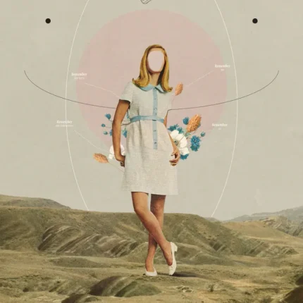 Girl in a white dress holding flowers in a desert of hills with a pink circle behind her