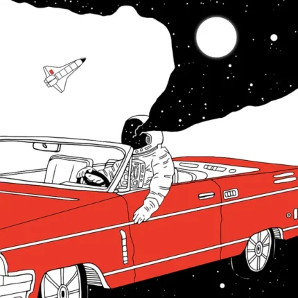 Astronaut in a red vintage convertible driving through a black starry sky with a moon