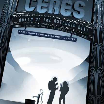 شخصان تحت بوابة ضخمة مكتوب عليها CERES في مشهد جليدي أبيض وأزرق