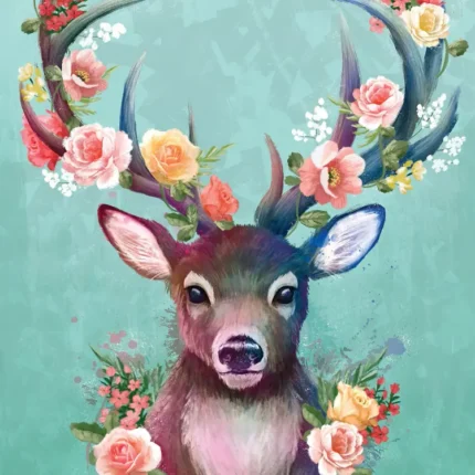 Deer with antlers decorated by pink and orange flowers on a teal watercolor background