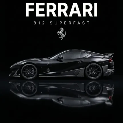 Black Ferrari 812 Superfast supercar with reflection on a black poster background