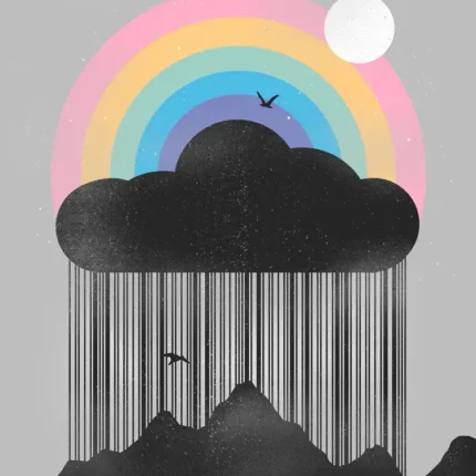 Pastel rainbow above a black cloud with barcode-style rain falling onto mountains