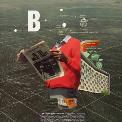 Surreal collage of a headless man in a red jacket reading a newspaper above grey gridded ground