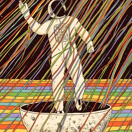 Astronaut standing in a cratered boat under streaming rainbow lines in space