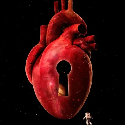 Large red anatomical heart with a keyhole and a tiny astronaut floating in black space