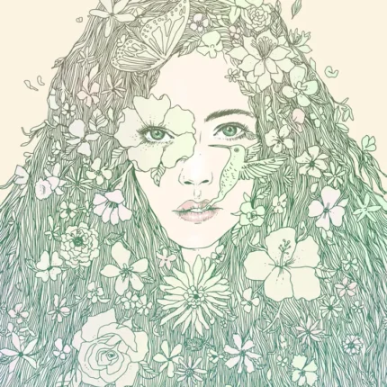 Line-art portrait of a woman with hair made of flowers, leaves and a butterfly