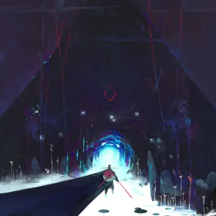 Lone figure with a red sword on a snowy path facing a dark pyramid with a blue portal