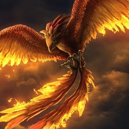 Phoenix with outstretched fiery orange wings flying through dark clouds