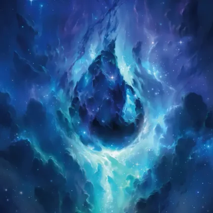 Swirling blue and teal nebula vortex with a dark center in space