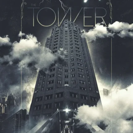 The Tower tarot poster with a skyscraper among clouds and shooting stars at night