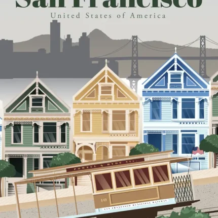 San Francisco travel poster with a cable car, colorful houses and a bridge
