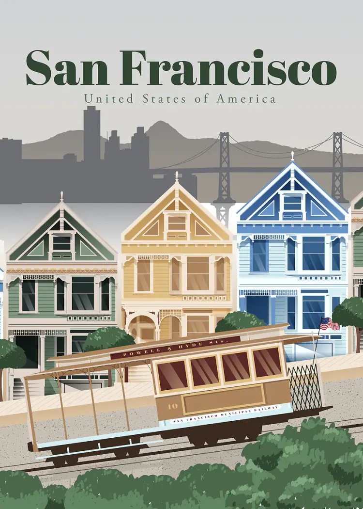 San Francisco Travel Poster Cable Car and Painted Ladies Houses San Francisco travel poster with a cable car, colorful houses and a bridge