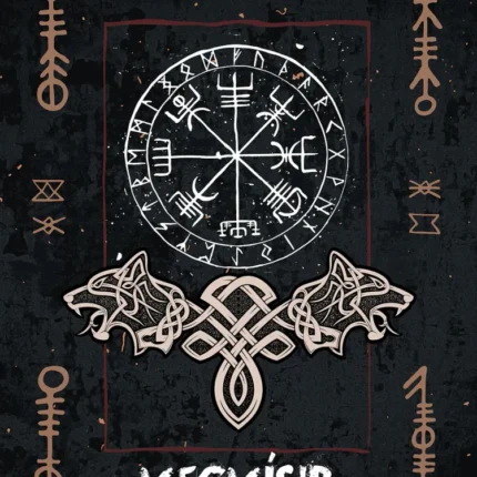Vegvisir Viking compass above wolf knotwork on dark background