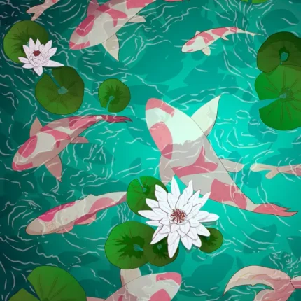 Pink and white koi fish among lily pads and white lotus flowers in turquoise water