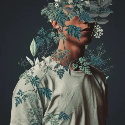 Man in beige t-shirt with green leaves and white flowers covering his face
