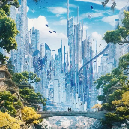 White futuristic towers behind green trees and a stone arch bridge over a stream under blue sky