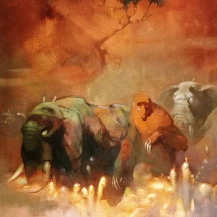 Elephants and a robed rider in a fiery orange haze with small flames below
