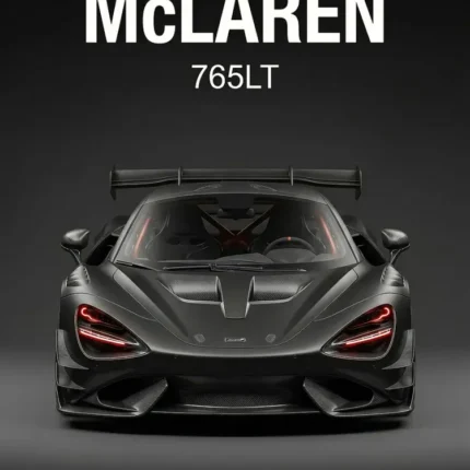 Black McLaren 765LT supercar from behind with red tail lights on a dark grey background