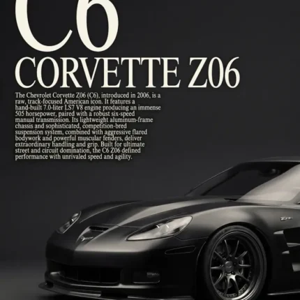 Black Corvette C6 Z06 sports car under the title C6 Corvette Z06 with description text