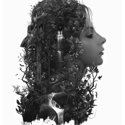 Woman in profile whose head is filled with a forest and a small waterfall in black and white