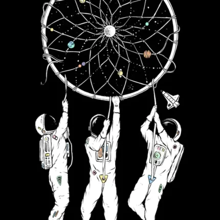 Three white-suited astronauts hanging from a dream catcher containing planets and stars