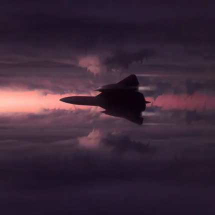 Dark silhouette of a sleek jet flying through purple clouds with a pink sunset glow