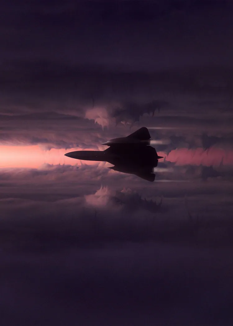 Dark Jet Silhouette Flying Through Purple Sunset Sky Poster Dark silhouette of a sleek jet flying through purple clouds with a pink sunset glow