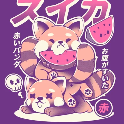 Kawaii red panda with a watermelon slice on another red panda with Japanese text on purple