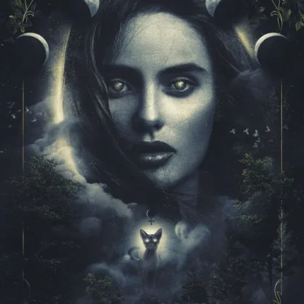 Woman's face under a row of moon phases above a dark forest with a small fox