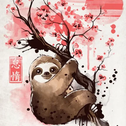 Sloth hanging from a cherry blossom branch with a red sun and ink splashes