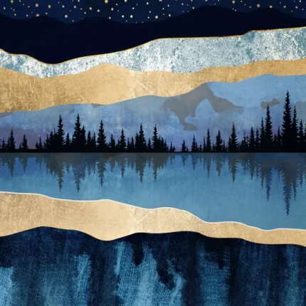 Abstract starry night lake with pine trees and layered blue, silver and gold hills