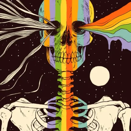 Skeleton with rainbow stripes through its skull and spine and a color beam from one eye